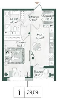 1-к квартира, вторичка, 41м2, 6/10 этаж