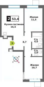 2-к квартира, вторичка, 53м2, 2/9 этаж