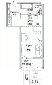 Студия квартира, вторичка, 31м2, 8/9 этаж