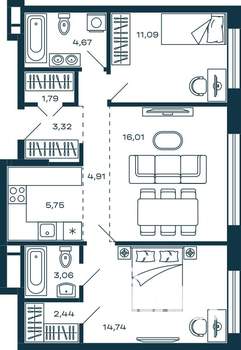 2-к квартира, строящийся дом, 68м2, 23/25 этаж