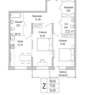 2-к квартира, вторичка, 75м2, 4/9 этаж