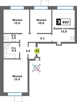 3-к квартира, вторичка, 70м2, 3/9 этаж