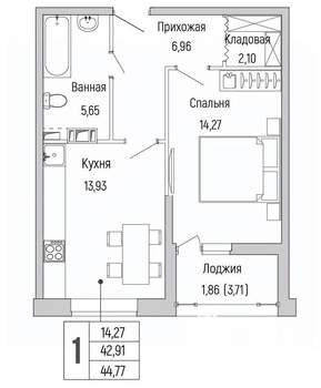 1-к квартира, вторичка, 45м2, 7/9 этаж