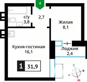 1-к квартира, вторичка, 32м2, 2/6 этаж