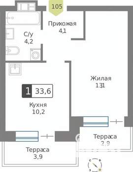 1-к квартира, строящийся дом, 34м2, 1/9 этаж