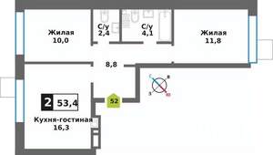 2-к квартира, вторичка, 53м2, 3/9 этаж