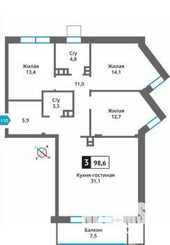 3-к квартира, вторичка, 99м2, 4/4 этаж